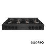 ZLINE 48 in. Paramount Gas Rangetop with 8 Burner DuoPro™ Cooktop in Black Satin Stainless Steel (PSRTBS-48) front, with DuoPro™ logo.