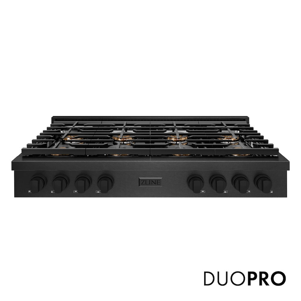 ZLINE 48 in. Paramount Gas Rangetop with 8 Burner DuoPro™ Cooktop in Black Satin Stainless Steel (PSRTBS-48) front, with DuoPro™ logo.