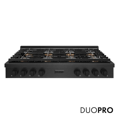 ZLINE 48 in. Paramount Gas Rangetop with 8 Burner DuoPro™ Cooktop in Black Satin Stainless Steel (PSRTBS-48) front, with DuoPro™ logo.