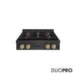 ZLINE Autograph Edition 30 in. Paramount Gas Rangetop with 4 Burner DuoPro™ Cooktop in Black Satin Stainless Steel and Champagne Bronze Accents (PSRTBSZ-30-CB) front, with DuoPro™ logo.