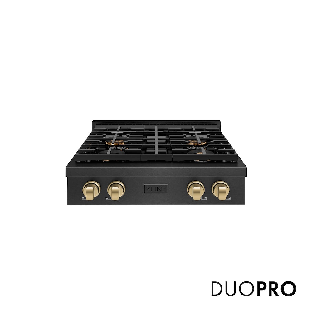 ZLINE Autograph Edition 30 in. Paramount Gas Rangetop with 4 Burner DuoPro™ Cooktop in Black Satin Stainless Steel and Champagne Bronze Accents (PSRTBSZ-30-CB) front, with DuoPro™ logo.