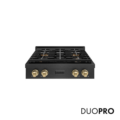 ZLINE Autograph Edition 30 in. Paramount Gas Rangetop with 4 Burner DuoPro™ Cooktop in Black Satin Stainless Steel and Champagne Bronze Accents, Open Box-Great Condition