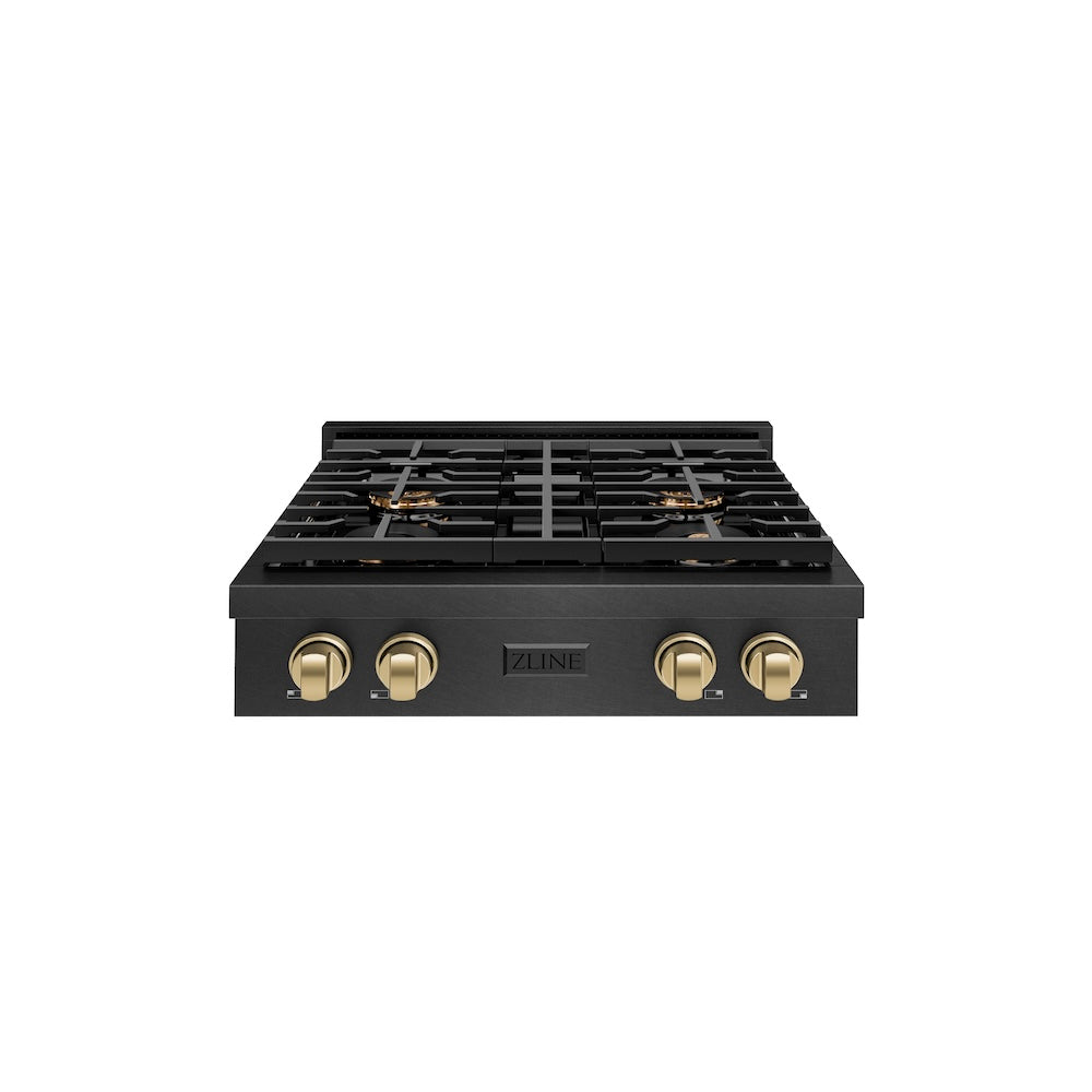 ZLINE Autograph Edition 30 in. Paramount Gas Rangetop with 4 Burner DuoPro™ Cooktop in Black Satin Stainless Steel and Champagne Bronze Accents (PSRTBSZ-30-CB) front.