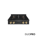 ZLINE Autograph Edition 30 in. Paramount Gas Rangetop with 4 Burner DuoPro™ Cooktop in Black Satin Stainless Steel and Polished Gold Accents (PSRTBSZ-30-G) front, with DuoPro™ logo.