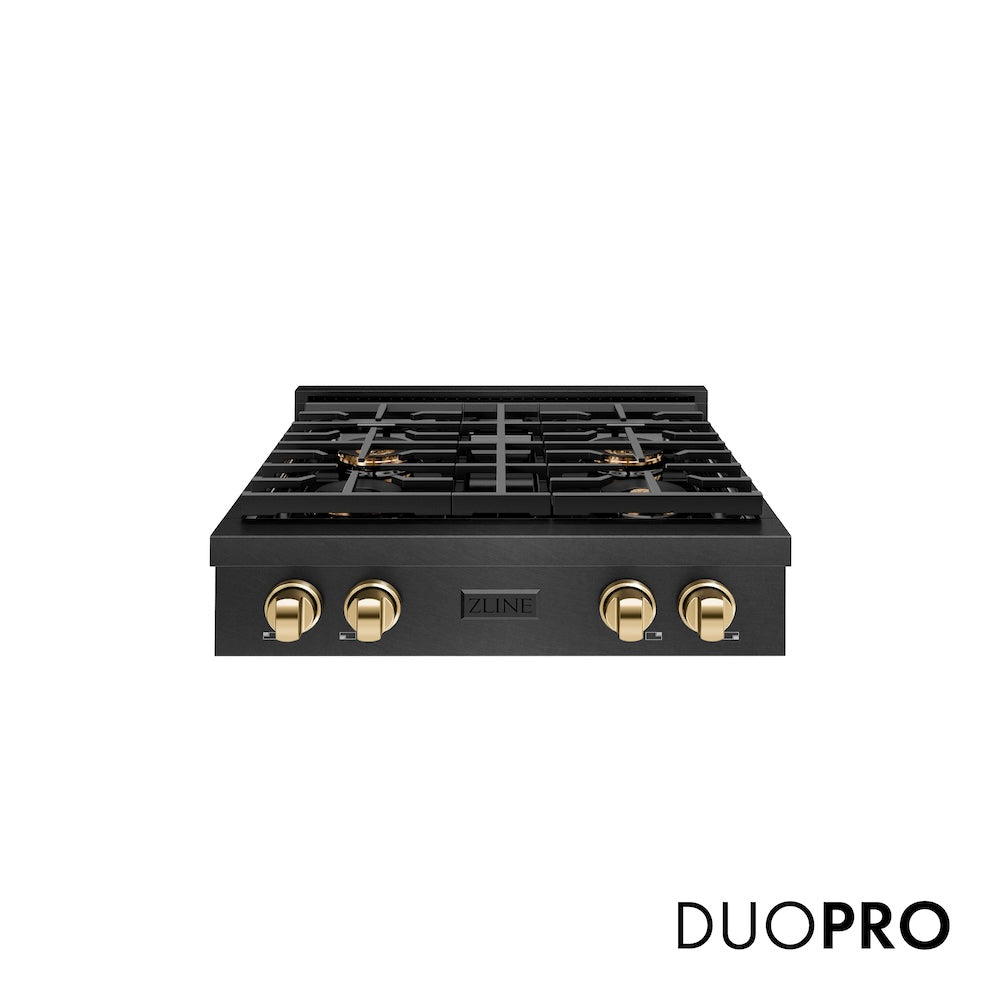 ZLINE Autograph Edition 30 in. Paramount Gas Rangetop with 4 Burner DuoPro™ Cooktop in Black Satin Stainless Steel and Polished Gold Accents (PSRTBSZ-30-G) front, with DuoPro™ logo.