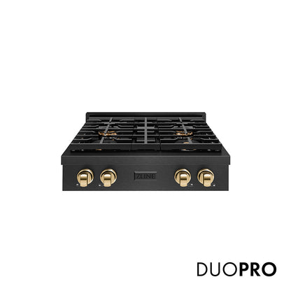 ZLINE Autograph Edition 30 in. Paramount Gas Rangetop with 4 Burner DuoPro™ Cooktop in Black Satin Stainless Steel and Polished Gold Accents, Open Box-Great Condition