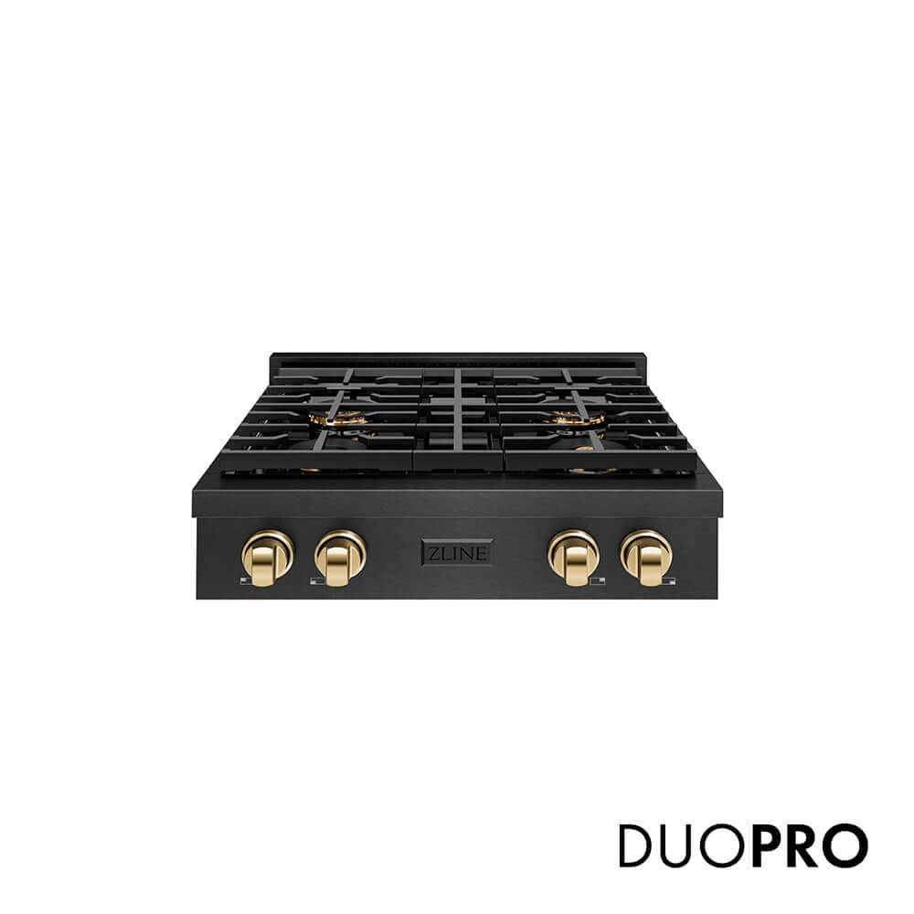 ZLINE Autograph Edition 30 in. Paramount Gas Rangetop with 4 Burner DuoPro™ Cooktop in Black Satin Stainless Steel and Polished Gold Accents, Open Box-Good Condition
