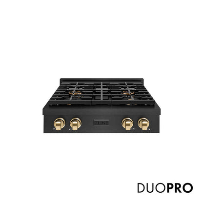 ZLINE Autograph Edition 30 in. Paramount Gas Rangetop with 4 Burner DuoPro™ Cooktop in Black Satin Stainless Steel and Polished Gold Accents, Open Box-Good Condition