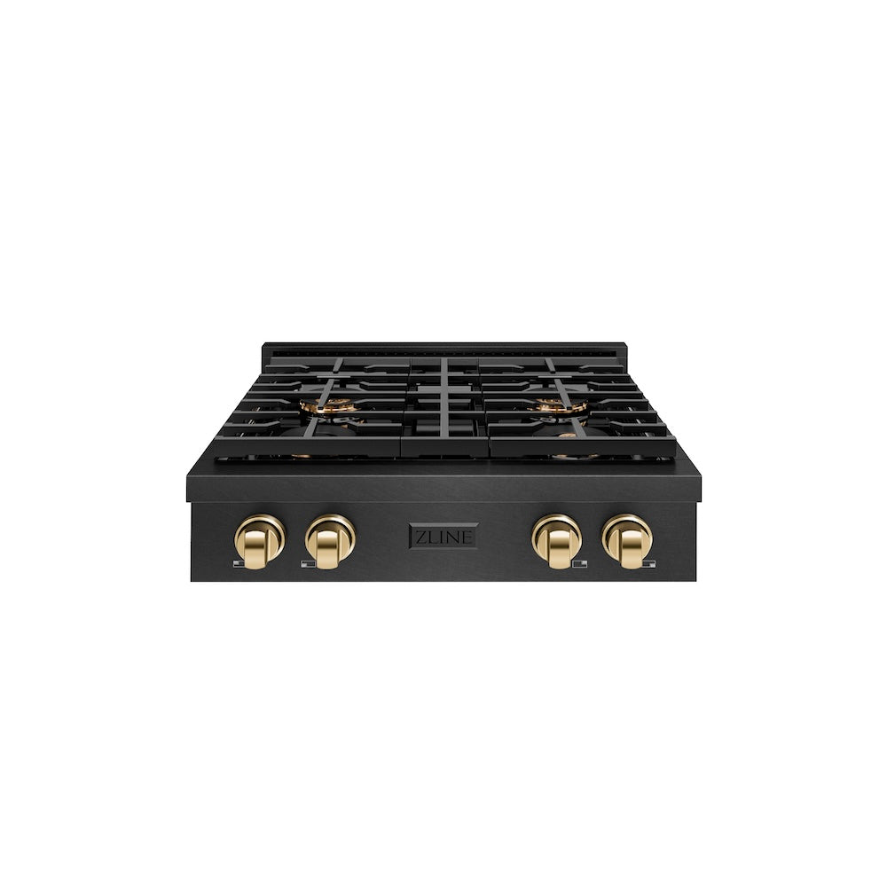 ZLINE Autograph Edition 30 in. Paramount Gas Rangetop with 4 Burner DuoPro™ Cooktop in Black Satin Stainless Steel and Polished Gold Accents (PSRTBSZ-30-G) front.