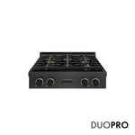 ZLINE Designer Collection 30 in. Paramount Gas Rangetop with 4 Burner DuoPro™ Cooktop in Black Satin Stainless Steel with Matte Black and Champagne Bronze Accents (PSRTBSZ-30-MBCB) front, with DuoPro™ logo.