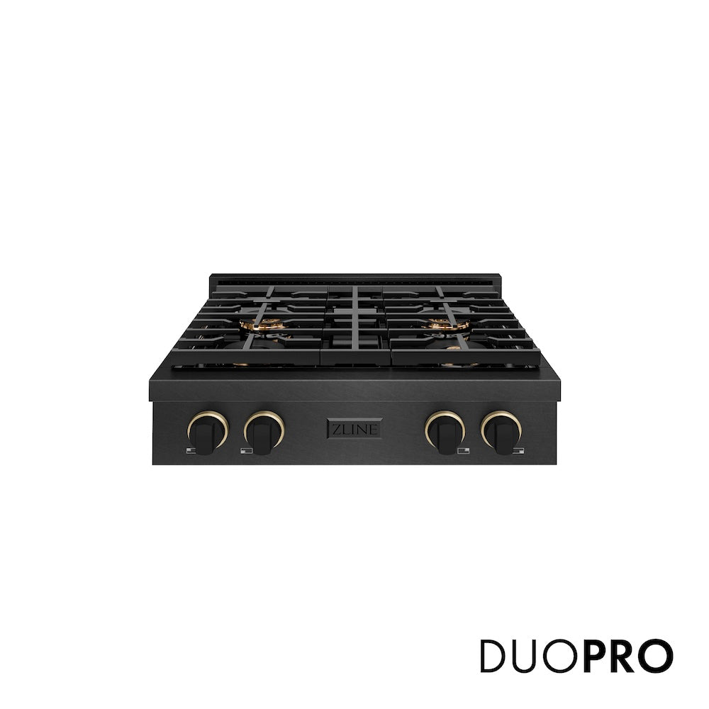 ZLINE Designer Collection 30 in. Paramount Gas Rangetop with 4 Burner DuoPro™ Cooktop in Black Satin Stainless Steel with Matte Black and Champagne Bronze Accents (PSRTBSZ-30-MBCB) front, with DuoPro™ logo.