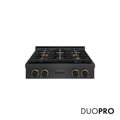 ZLINE Designer Collection 30 in. Paramount Gas Rangetop with 4 Burner DuoPro™ Cooktop in Black Satin Stainless Steel with Matte Black and Champagne Bronze Accents (PSRTBSZ-30-MBCB) front, with DuoPro™ logo.