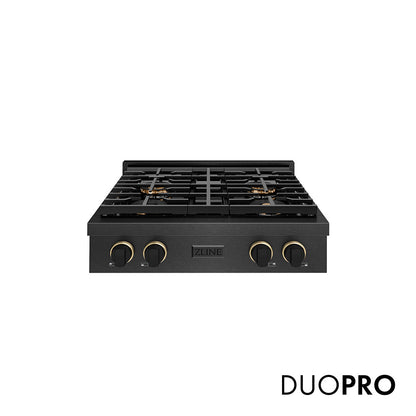 ZLINE Designer Collection 30 in. Paramount Gas Rangetop with 4 Burner DuoPro™ Cooktop in Black Satin Stainless Steel with Matte Black and Champagne Bronze Accents, Open Box-Great Condition