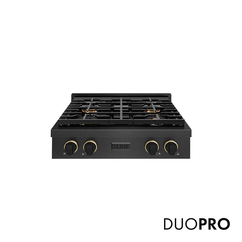 ZLINE Designer Collection 30 in. Paramount Gas Rangetop with 4 Burner DuoPro™ Cooktop in Black Satin Stainless Steel with Matte Black and Champagne Bronze Accents, Open Box-Good Condition
