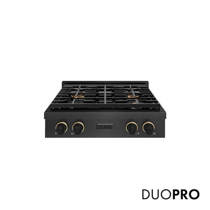 ZLINE Designer Collection 30 in. Paramount Gas Rangetop with 4 Burner DuoPro™ Cooktop in Black Satin Stainless Steel with Matte Black and Champagne Bronze Accents, Open Box-Good Condition
