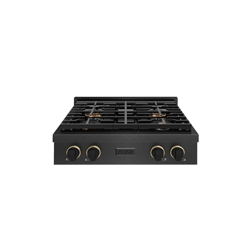 ZLINE Designer Collection 30 in. Paramount Gas Rangetop with 4 Burner DuoPro™ Cooktop in Black Satin Stainless Steel with Matte Black and Champagne Bronze Accents (PSRTBSZ-30-MBCB) front.