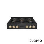 ZLINE Autograph Edition 36 in. Paramount Gas Rangetop with 6 Burner DuoPro™ Cooktop in Black Satin Stainless Steel and Champagne Bronze Accents (PSRTBSZ-36-CB) front, with DuoPro™ logo.