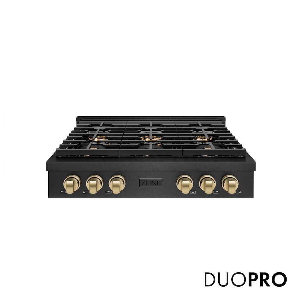 ZLINE Autograph Edition 36 in. Paramount Gas Rangetop with 6 Burner DuoPro™ Cooktop in Black Satin Stainless Steel and Champagne Bronze Accents (PSRTBSZ-36-CB) front, with DuoPro™ logo.