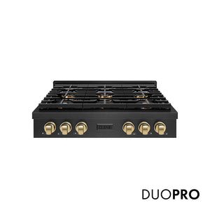 ZLINE Autograph Edition 36 in. Paramount Gas Rangetop with 6 Burner DuoPro™ Cooktop in Black Satin Stainless Steel and Champagne Bronze Accents, Open Box-Great Condition main image.