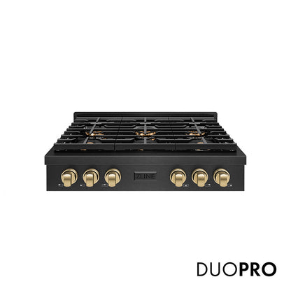 ZLINE Autograph Edition 36 in. Paramount Gas Rangetop with 6 Burner DuoPro™ Cooktop in Black Satin Stainless Steel and Champagne Bronze Accents, Open Box-Great Condition