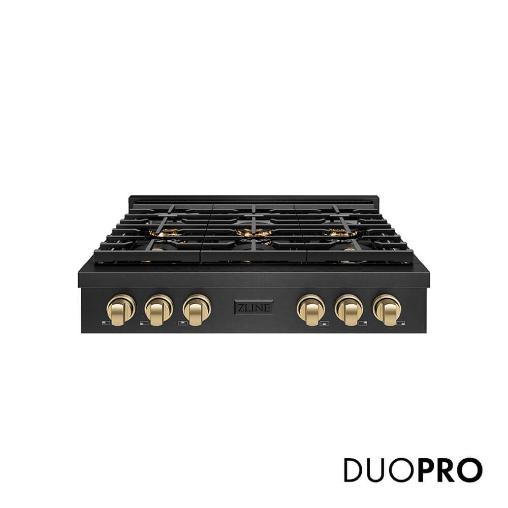 ZLINE Autograph Edition 36 in. Paramount Gas Rangetop with 6 Burner DuoPro™ Cooktop in Black Satin Stainless Steel and Champagne Bronze Accents, Open Box-Good Condition