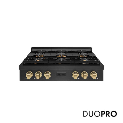 ZLINE Autograph Edition 36 in. Paramount Gas Rangetop with 6 Burner DuoPro™ Cooktop in Black Satin Stainless Steel and Champagne Bronze Accents, Open Box-Good Condition