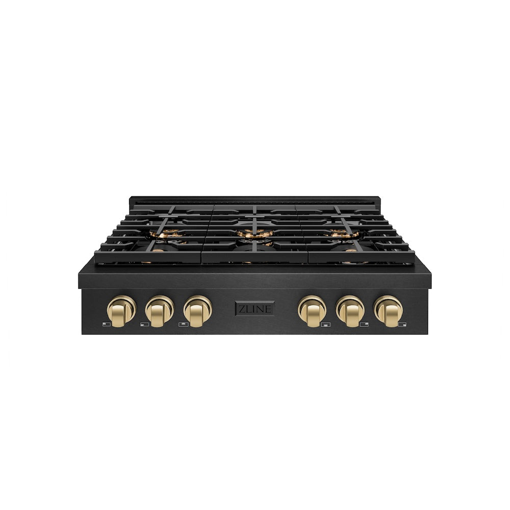ZLINE Autograph Edition 36 in. Paramount Gas Rangetop with 6 Burner DuoPro™ Cooktop in Black Satin Stainless Steel and Champagne Bronze Accents (PSRTBSZ-36-CB) front.