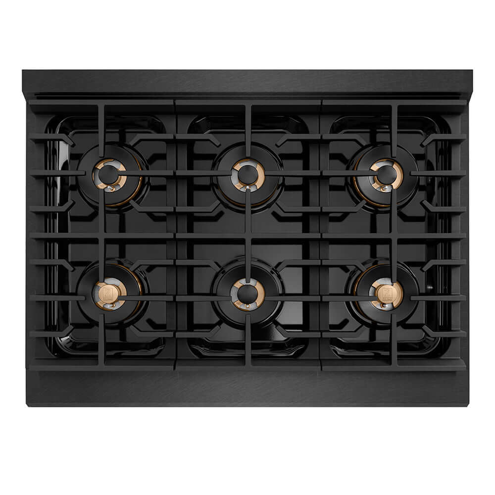 ZLINE Autograph Edition 36 in. Paramount Gas Rangetop with 6 Burner DuoPro™ Cooktop in Black Satin Stainless Steel and Champagne Bronze Accents (PSRTBSZ-36-CB) top-down, above cooking surface.