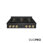 ZLINE Autograph Edition 36 in. Paramount Gas Rangetop with 6 Burner DuoPro™ Cooktop in Black Satin Stainless Steel and Polished Gold Accents (PSRTBSZ-36-G) front, with DuoPro™ logo.