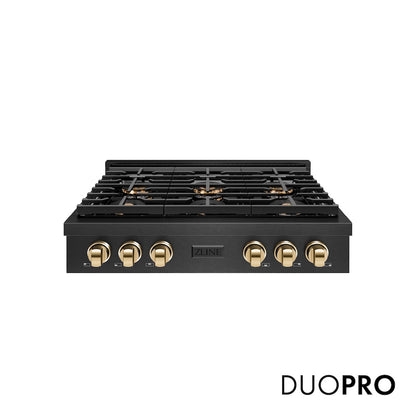 ZLINE Autograph Edition 36 in. Paramount Gas Rangetop with 6 Burner DuoPro™ Cooktop in Black Satin Stainless Steel and Polished Gold Accents (PSRTBSZ-36-G) front, with DuoPro™ logo.
