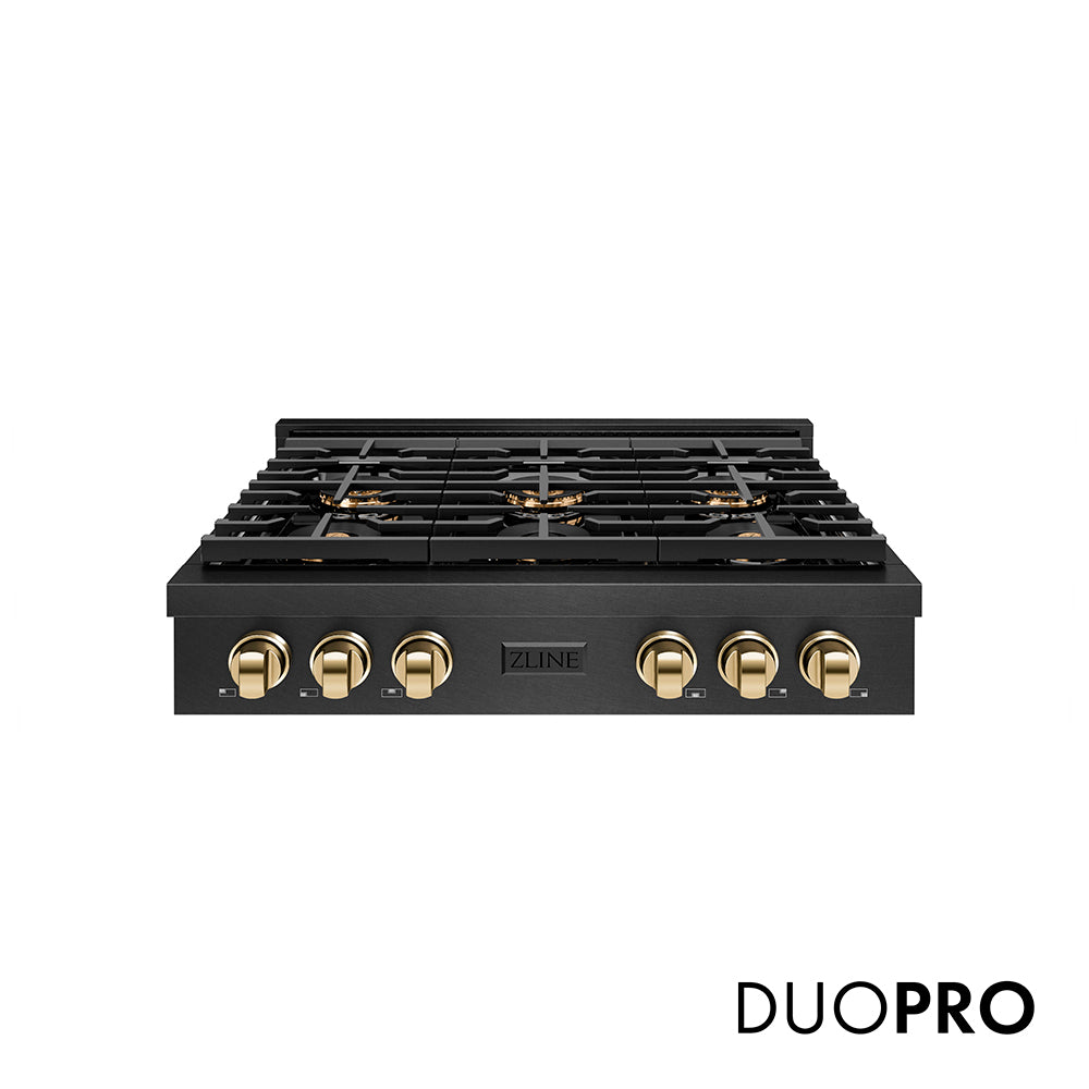 ZLINE Autograph Edition 36 in. Paramount Gas Rangetop with 6 Burner DuoPro™ Cooktop in Black Satin Stainless Steel and Polished Gold Accents, Open Box-Great Condition main image.