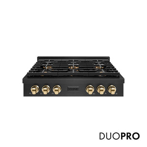 ZLINE Autograph Edition 36 in. Paramount Gas Rangetop with 6 Burner DuoPro™ Cooktop in Black Satin Stainless Steel and Polished Gold Accents, Open Box-Great Condition main image.