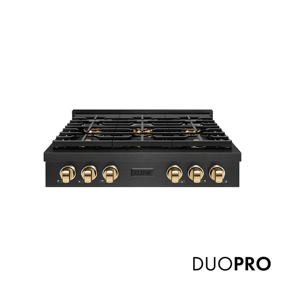 ZLINE Autograph Edition 36 in. Paramount Gas Rangetop with 6 Burner DuoPro™ Cooktop in Black Satin Stainless Steel and Polished Gold Accents, Open Box-Good Condition