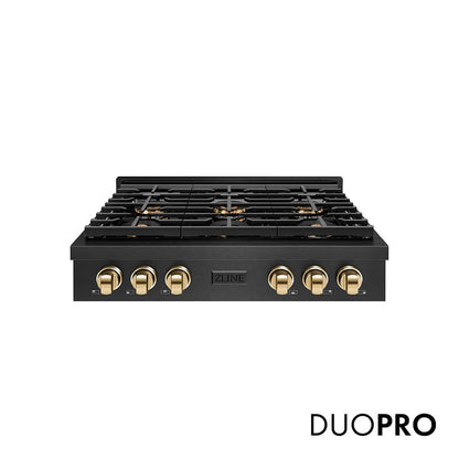 ZLINE Autograph Edition 36 in. Paramount Gas Rangetop with 6 Burner DuoPro™ Cooktop in Black Satin Stainless Steel and Polished Gold Accents, Open Box-Good Condition