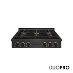 ZLINE Designer Collection 36 in. Paramount Gas Rangetop with 6 Burner DuoPro™ Cooktop in Black Satin Stainless Steel with Matte Black and Champagne Bronze Accents (PSRTBSZ-36-MBCB) front, with DuoPro™ logo.