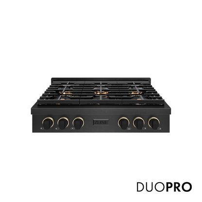 ZLINE Designer Collection 36 in. Paramount Gas Rangetop with 6 Burner DuoPro™ Cooktop in Black Satin Stainless Steel with Matte Black and Champagne Bronze Accents (PSRTBSZ-36-MBCB) front, with DuoPro™ logo.
