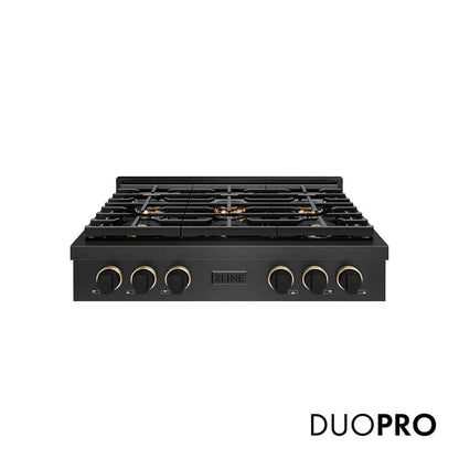 ZLINE Designer Collection 36 in. Paramount Gas Rangetop with 6 Burner DuoPro™ Cooktop in Black Satin Stainless Steel with Matte Black and Champagne Bronze Accents, Open Box-Good Condition