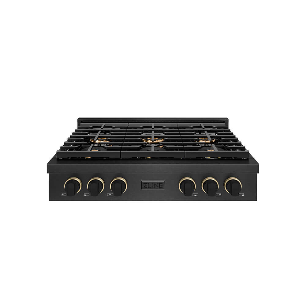 ZLINE Designer Collection 36 in. Paramount Gas Rangetop with 6 Burner DuoPro™ Cooktop in Black Satin Stainless Steel with Matte Black and Champagne Bronze Accents, Open Box-Good Condition