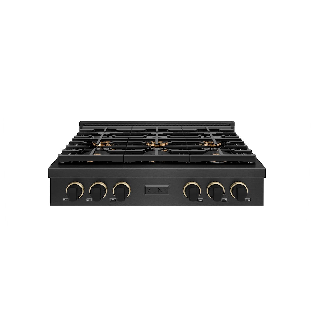 ZLINE Designer Collection 36 in. Paramount Gas Rangetop with 6 Burner DuoPro™ Cooktop in Black Satin Stainless Steel with Matte Black and Champagne Bronze Accents (PSRTBSZ-36-MBCB) front.
