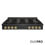 ZLINE Autograph Edition 48 in. Paramount Gas Rangetop with 8 Burner DuoPro™ Cooktop in Black Satin Stainless Steel and Champagne Bronze Accents (PSRTBSZ-48-CB) front, with DuoPro™ logo.