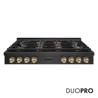 ZLINE Autograph Edition 48 in. Paramount Gas Rangetop with 8 Burner DuoPro™ Cooktop in Black Satin Stainless Steel and Champagne Bronze Accents (PSRTBSZ-48-CB) front, with DuoPro™ logo.