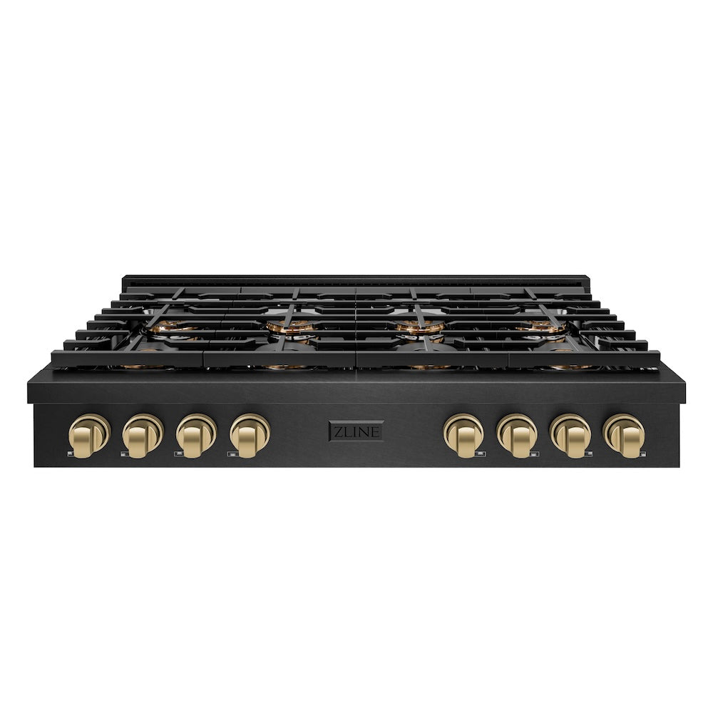 ZLINE Autograph Edition 48 in. Paramount Gas Rangetop with 8 Burner DuoPro™ Cooktop in Black Satin Stainless Steel and Champagne Bronze Accents (PSRTBSZ-48-CB) front.