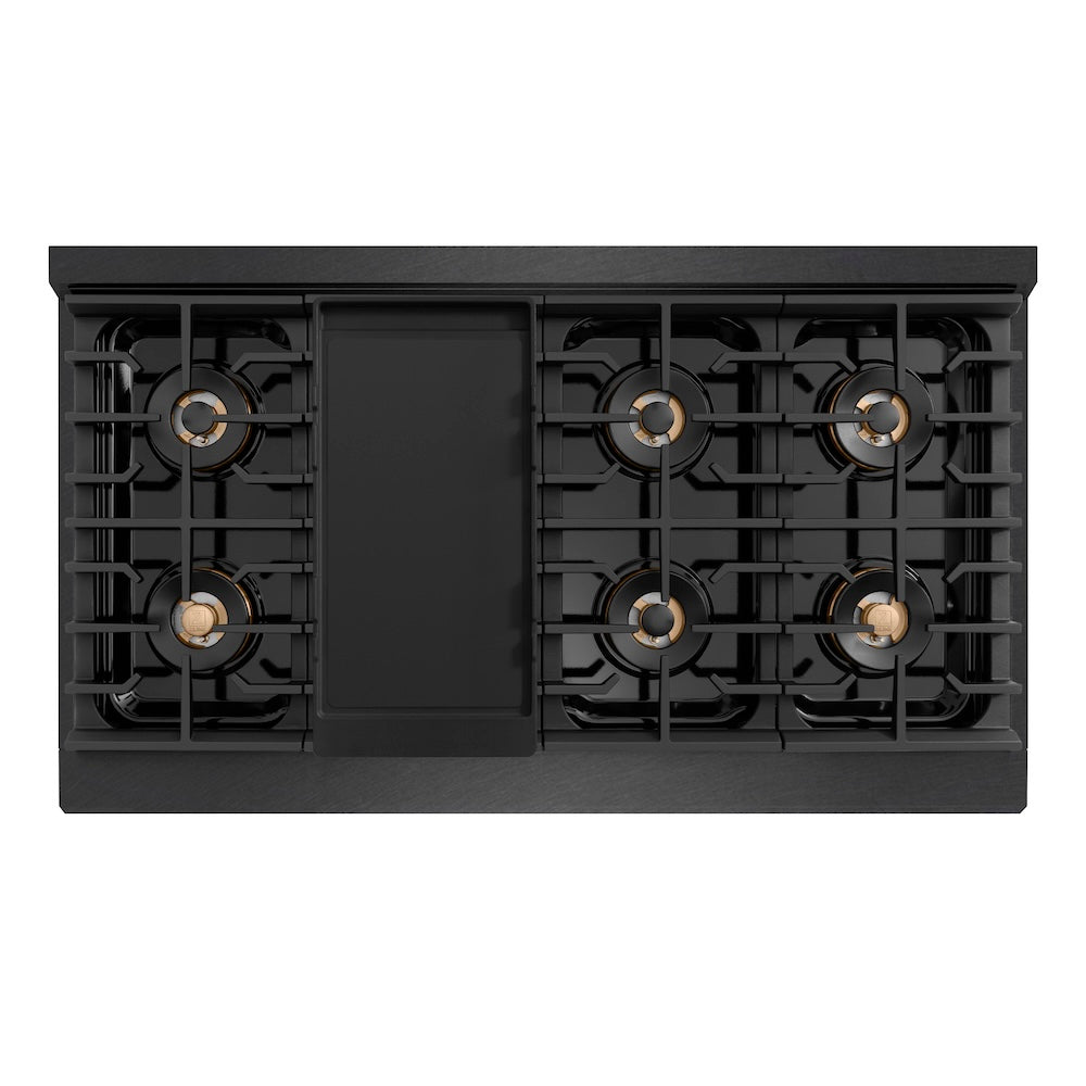 ZLINE Autograph Edition 48 in. Paramount Gas Rangetop with 8 Burner DuoPro™ Cooktop in Black Satin Stainless Steel and Polished Gold Accents (PSRTBSZ-48-G) top-down, above cooktop.