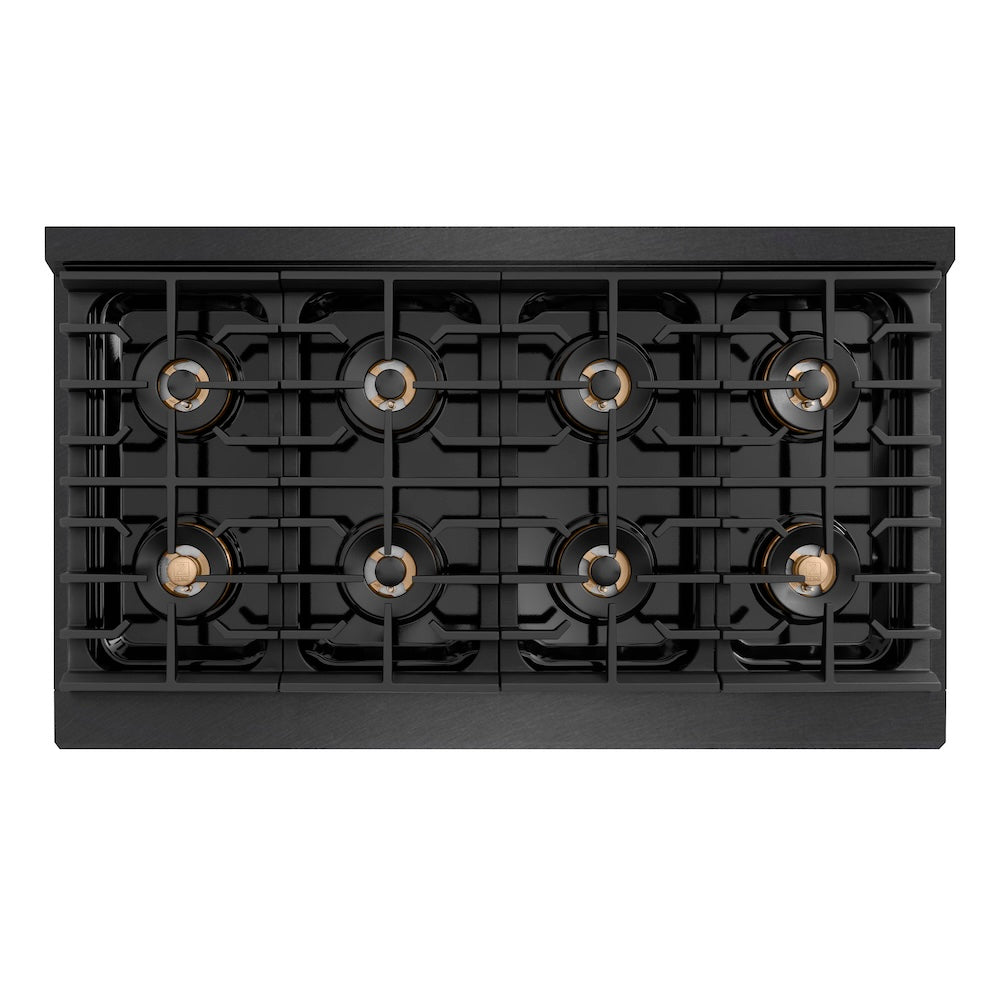 ZLINE Autograph Edition 48 in. Paramount Gas Rangetop with 8 Burner DuoPro™ Cooktop in Black Satin Stainless Steel and Polished Gold Accents (PSRTBSZ-48-G) top-down, above cooktop.