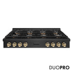 ZLINE Autograph Edition 48 in. Paramount Gas Rangetop with 8 Burner DuoPro™ Cooktop in Black Satin Stainless Steel and Polished Gold Accents (PSRTBSZ-48-G) front, with DuoPro™ logo.