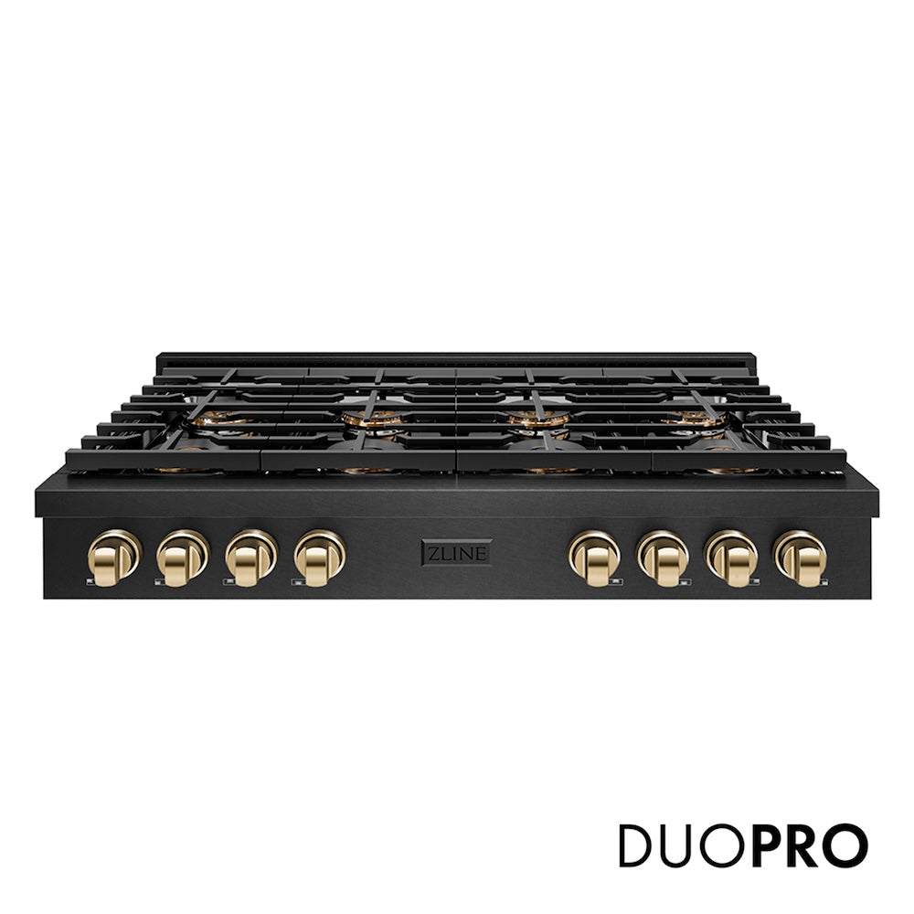 ZLINE Autograph Edition 48 in. Paramount Gas Rangetop with 8 Burner DuoPro™ Cooktop in Black Satin Stainless Steel and Polished Gold Accents (PSRTBSZ-48-G) front, with DuoPro™ logo.