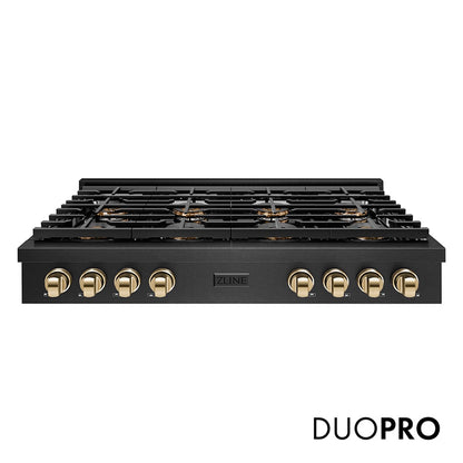 ZLINE Autograph Edition 48 in. Paramount Gas Rangetop with 8 Burner DuoPro™ Cooktop in Black Satin Stainless Steel and Polished Gold Accents (PSRTBSZ-48-G) front, with DuoPro™ logo.