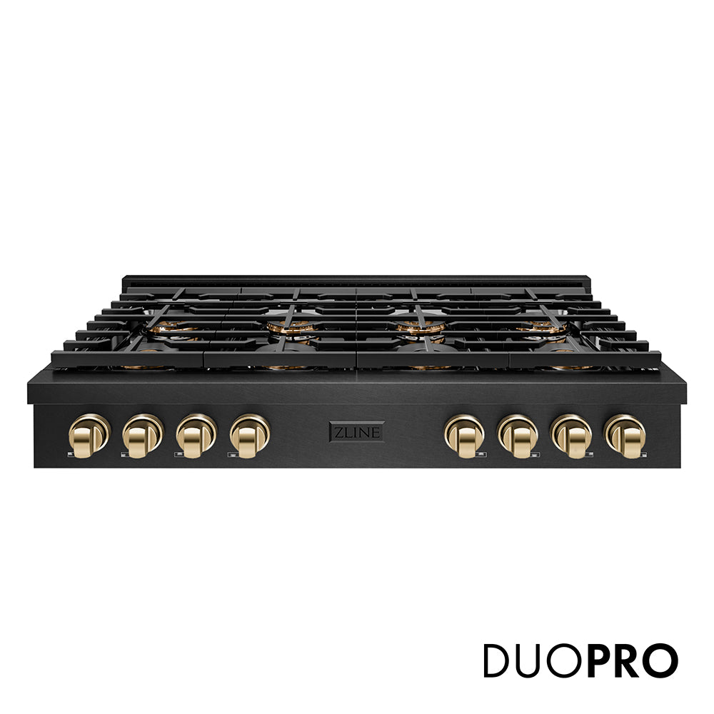ZLINE Autograph Edition 48 in. Paramount Gas Rangetop with 8 Burner DuoPro™ Cooktop in Black Satin Stainless Steel and Polished Gold Accents, Open Box-Great Condition main image.