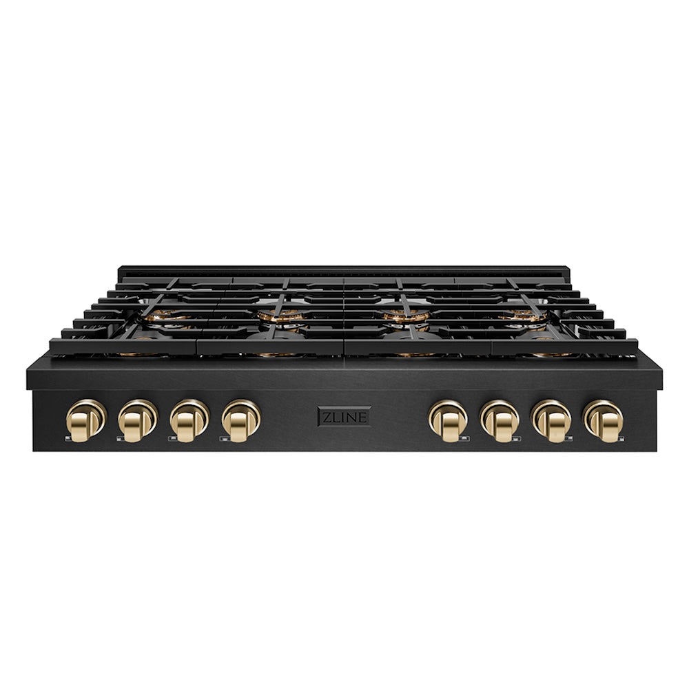 ZLINE Autograph Edition 48 in. Paramount Gas Rangetop with 8 Burner DuoPro™ Cooktop in Black Satin Stainless Steel and Polished Gold Accents (PSRTBSZ-48-G) front.