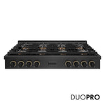 ZLINE Designer Collection 48 in. Paramount Gas Rangetop with 8 Burner DuoPro™ Cooktop in Black Satin Stainless Steel with Matte Black and Champagne Bronze Accents (PSRTBSZ-48-MBCB) front, with DuoPro™ logo.